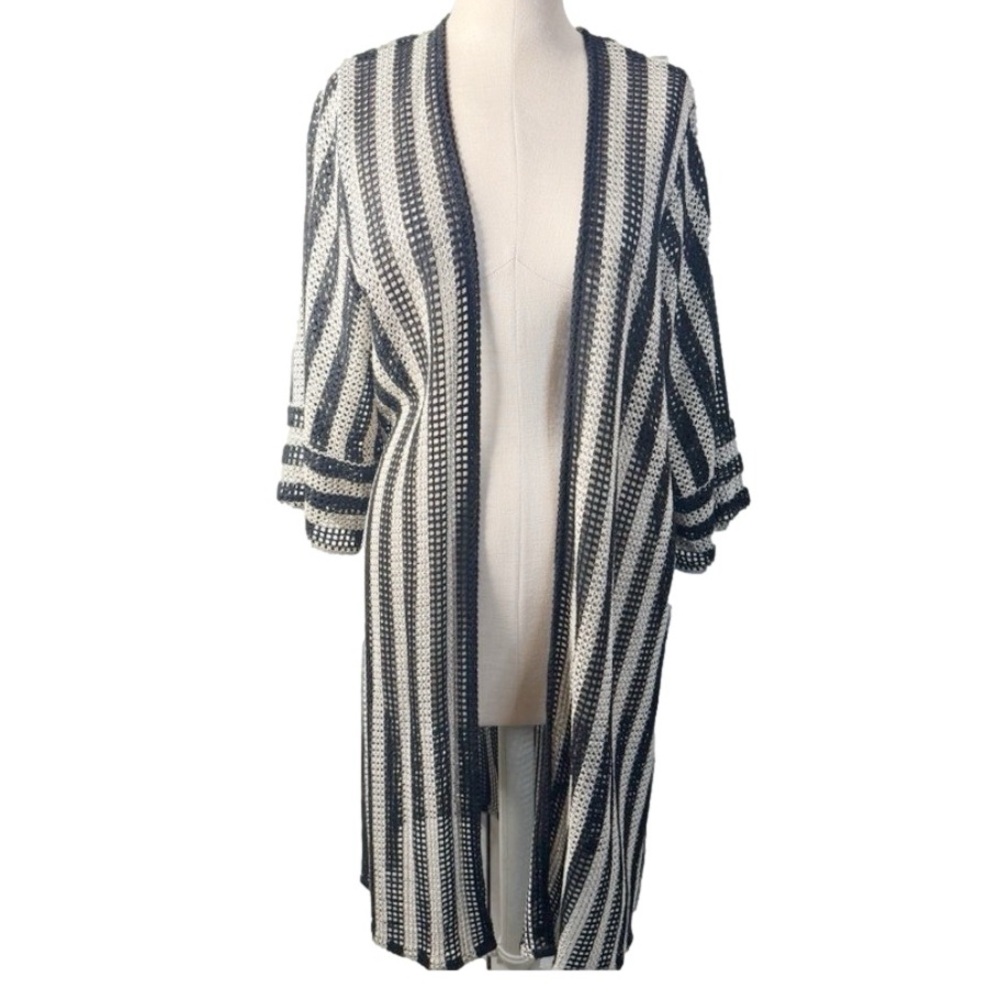 Wild Fable Black White Striped Long Duster Cardigan Open Knit M/L Boho Chic